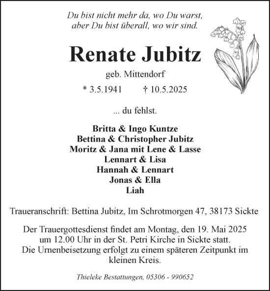 Traueranzeige von Renate Jubitz von Wolfenbütteler Zeitung