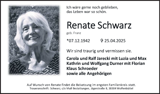 Traueranzeige von Renate Schwarz 