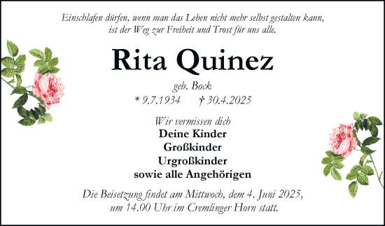 Traueranzeige von Rita Quinez 