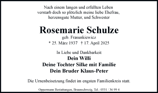 Traueranzeige von Rosemarie Schulze 