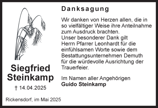 Traueranzeige von Siegfried Steinkamp von Helmstedter Nachrichten