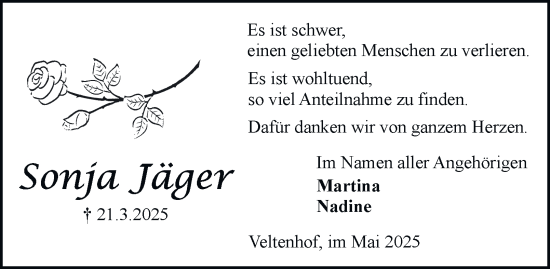 Traueranzeige von Sonja Jäger 