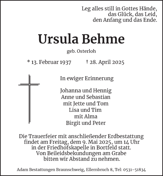 Traueranzeige von Ursula Behme von Peiner Nachrichten