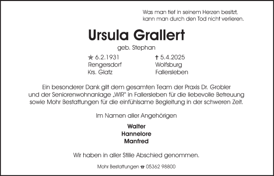 Traueranzeige von Ursula Grallert 