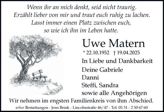 Traueranzeige von Uwe Matern 