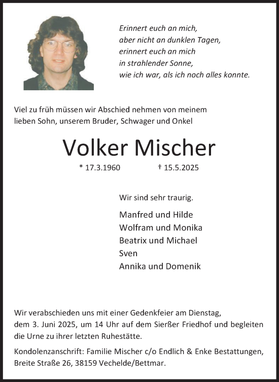 Traueranzeige von Volker Mischer 