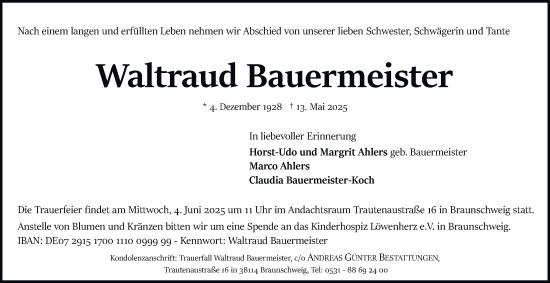 Traueranzeige von Waltraud Bauermeister 
