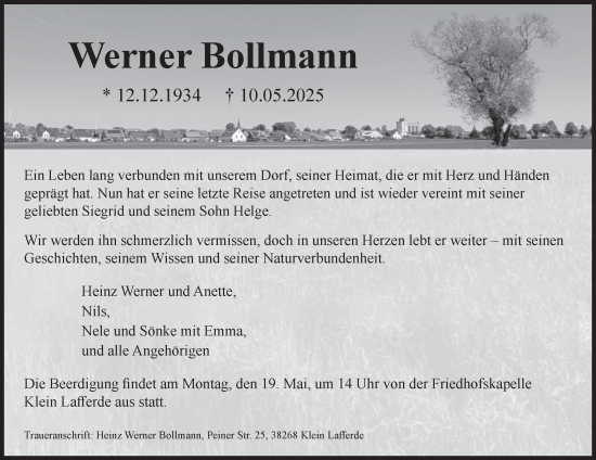 Traueranzeige von Werner Bollmann von Peiner Nachrichten