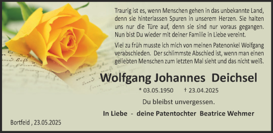 Traueranzeige von Wolfgang Johannes Deichsel von Peiner Nachrichten
