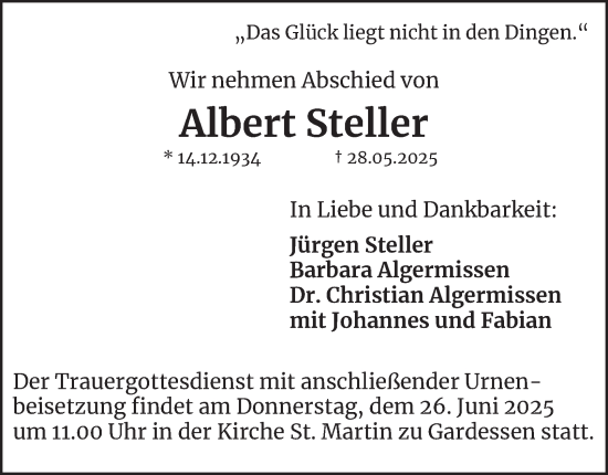 Traueranzeige von Albert Steller von Wolfenbütteler Zeitung