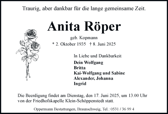 Traueranzeige von Anita Röper 
