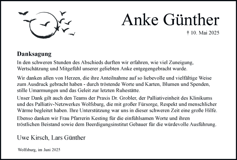  Traueranzeige für Anke Günther vom 14.06.2025 aus Braunschweiger Zeitung, Wolfsburger Nachrichten