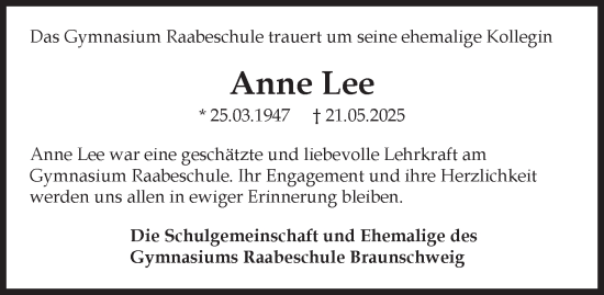 Traueranzeige von Anne Lee 