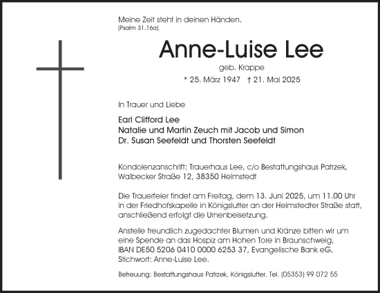 Traueranzeige von Anne-Luise Lee von Neue Braunschweiger am Samstag