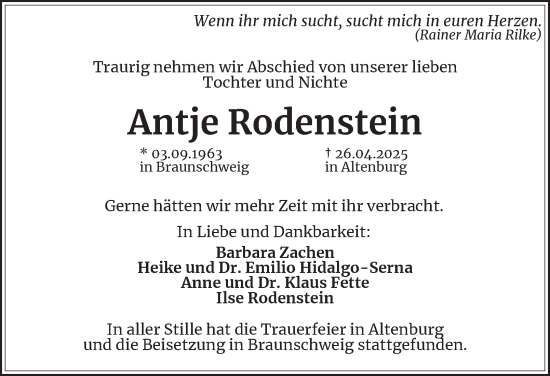 Traueranzeige von Antje Rodenstein 