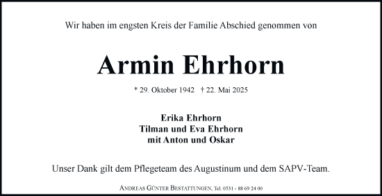 Traueranzeige von Armin Ehrhorn 