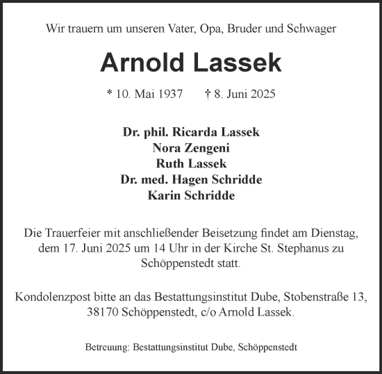 Traueranzeige von Arnold Lassek von Wolfenbütteler Zeitung