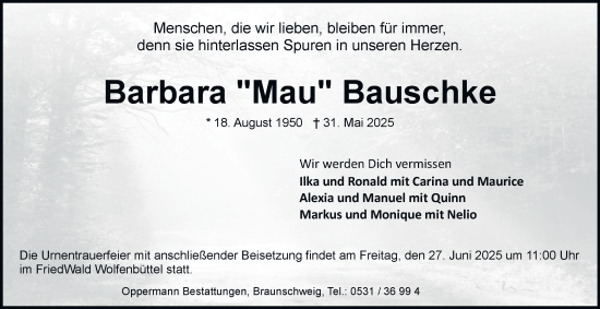 Traueranzeige von Barbara Bauschke von Neue Braunschweiger am Samstag