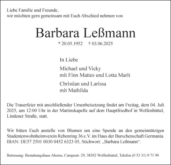 Traueranzeige von Barbara Leßmann von Wolfenbütteler Zeitung