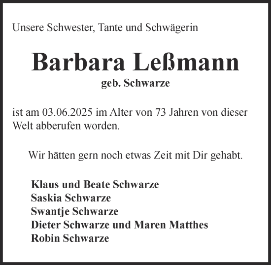 Traueranzeige von Barbara Leßmann von Wolfenbütteler Zeitung