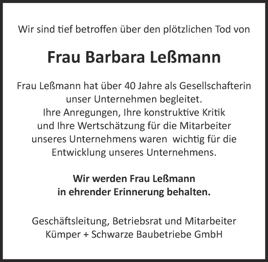 Traueranzeige von Barbara Leßmann von Wolfenbütteler Zeitung