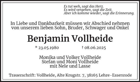 Traueranzeige von Benjamin Vollheide 