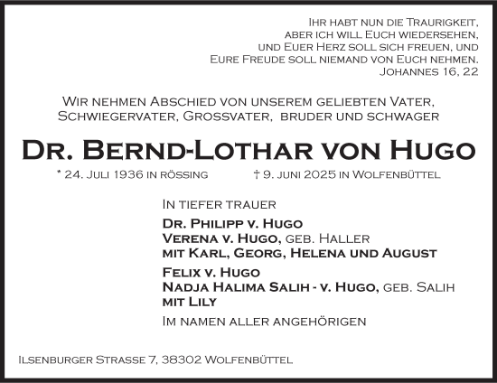 Traueranzeige von Bernd-Lothar von Hugo 