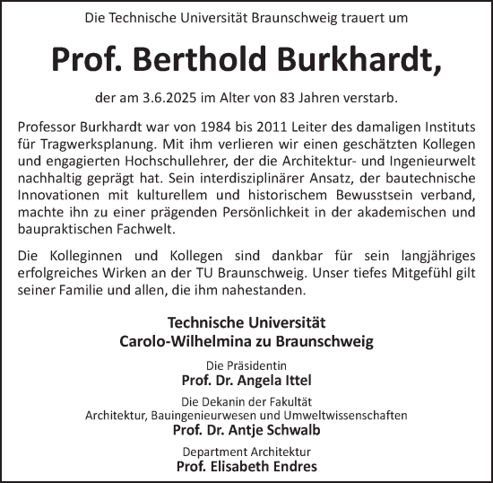 Traueranzeige von Berthold Burkhardt von Braunschweiger Zeitung