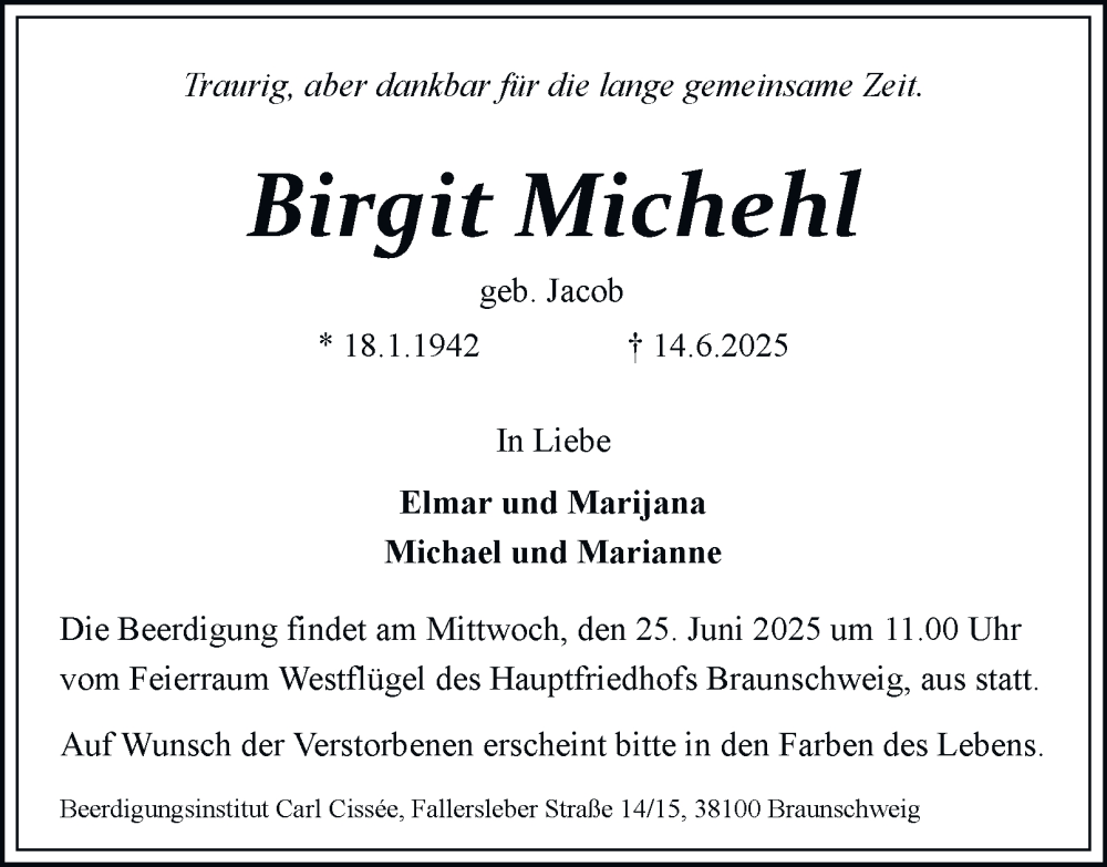  Traueranzeige für Birgit Michehl vom 21.06.2025 aus Braunschweiger Zeitung