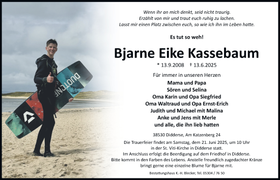 Traueranzeige von Bjarne Eike Kassebaum 