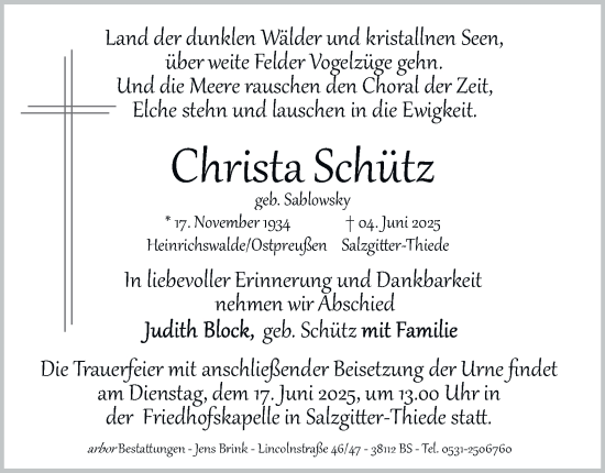 Traueranzeige von Christa Schütz von Salzgitter-Zeitung