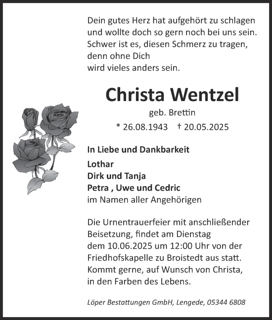 Traueranzeige von Christa Wentzel von Peiner Nachrichten