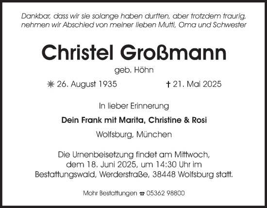 Traueranzeige von Christel Großmann 