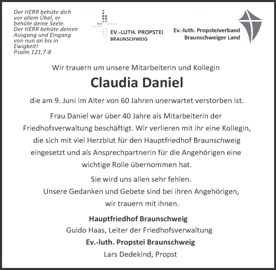 Traueranzeige von Claudia Daniel 