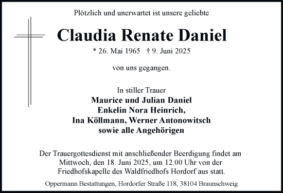 Traueranzeige von Claudia Renate Daniel 