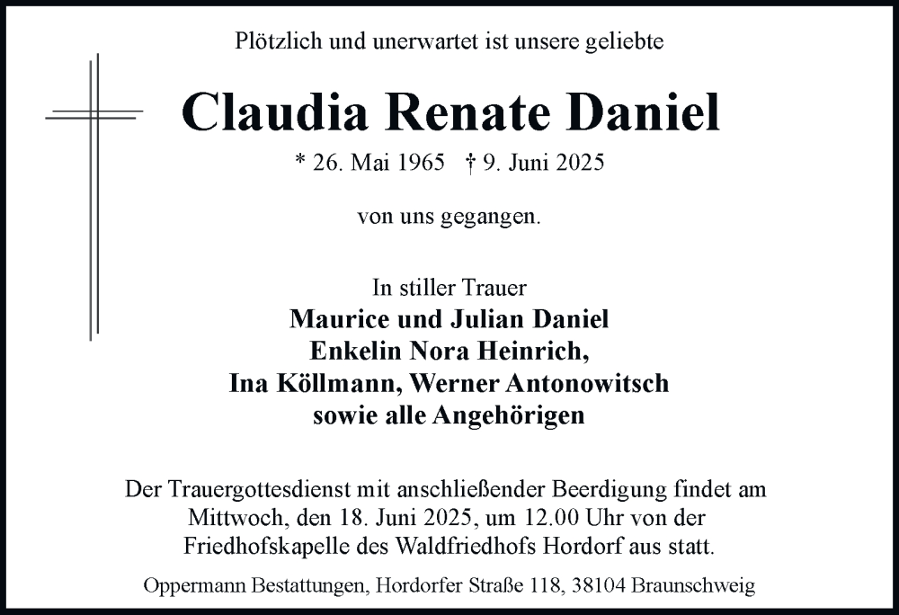  Traueranzeige für Claudia Renate Daniel vom 14.06.2025 aus 