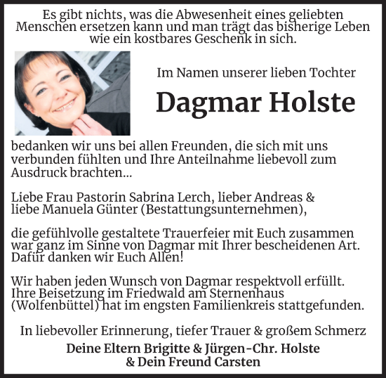 Traueranzeige von Dagmar Holste 