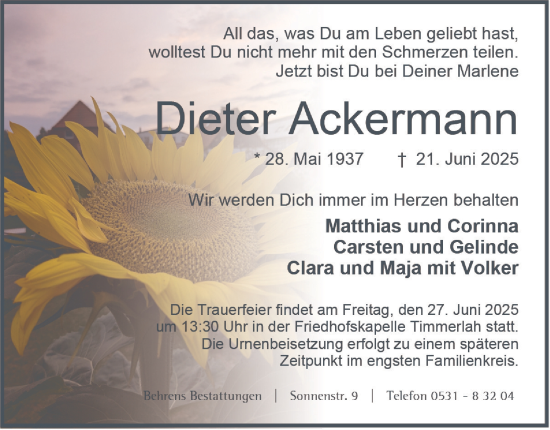 Traueranzeige von Dieter Ackermann von Braunschweiger Zeitung
