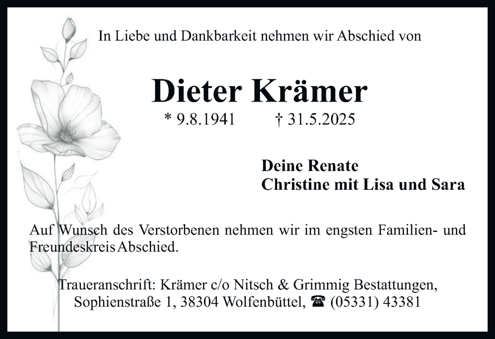  Traueranzeige für Dieter Krämer vom 04.06.2025 aus Wolfenbütteler Zeitung