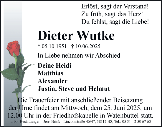 Traueranzeige von Dieter Wutke 