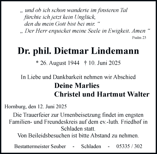 Traueranzeige von Dietmar Lindemann 