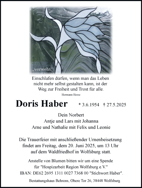 Traueranzeige von Doris Haber 