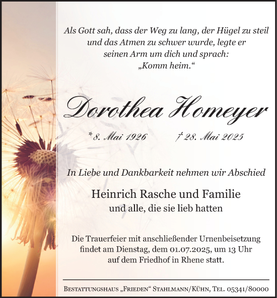 Traueranzeige von Dorothea Homeyer von Salzgitter-Zeitung