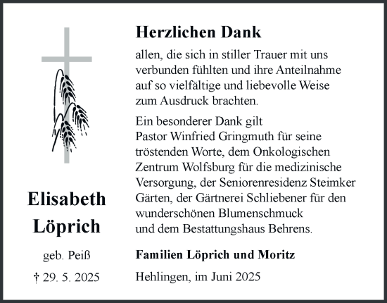 Traueranzeige von Elisabeth Löprich von Braunschweiger Zeitung, Wolfsburger Nachrichten