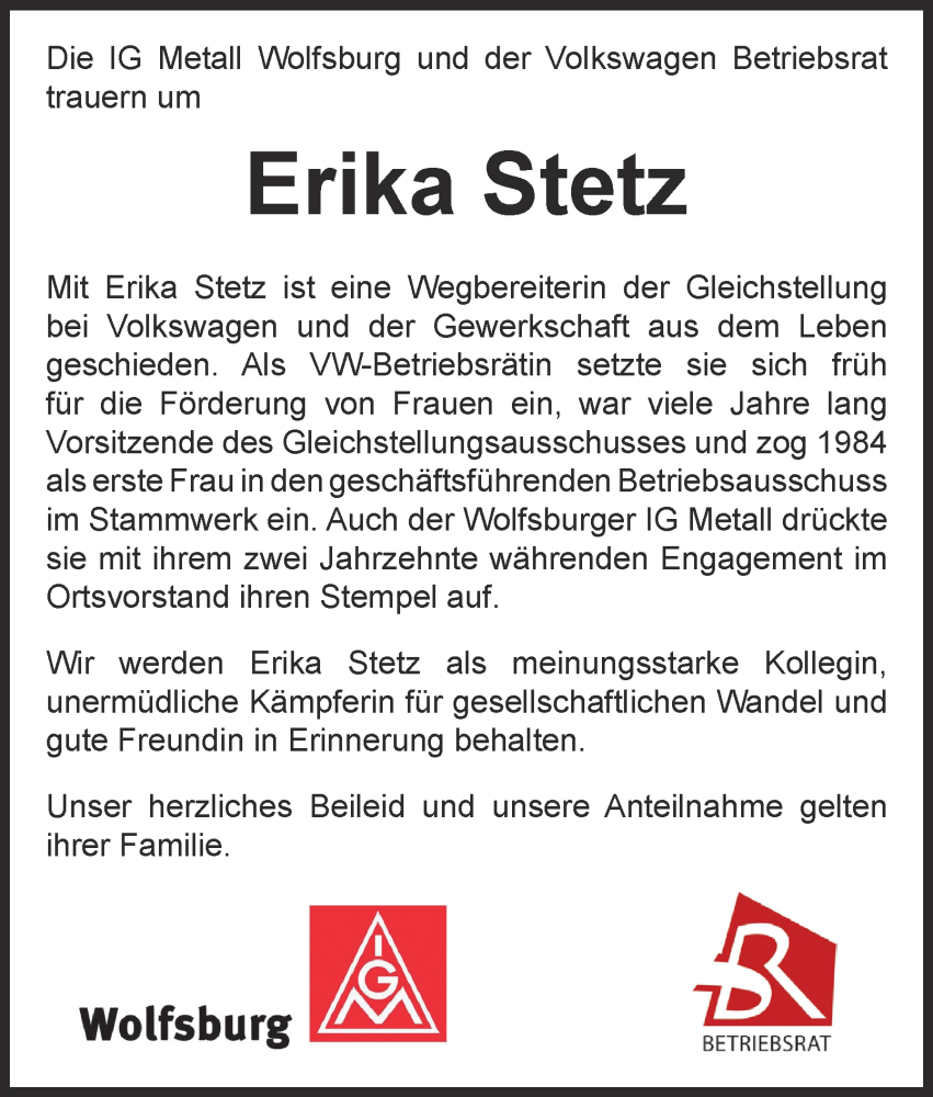  Traueranzeige für Erika Stetz vom 05.06.2025 aus Helmstedter Nachrichten