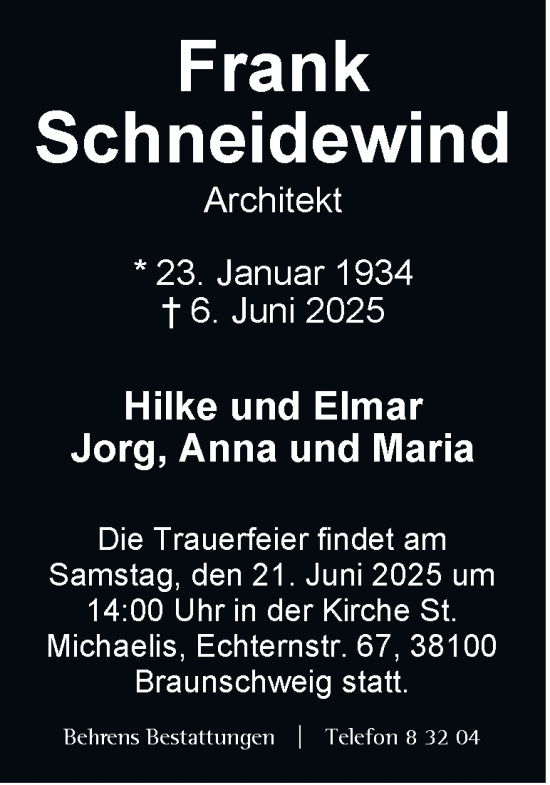 Traueranzeige von Frank Schneidewind 