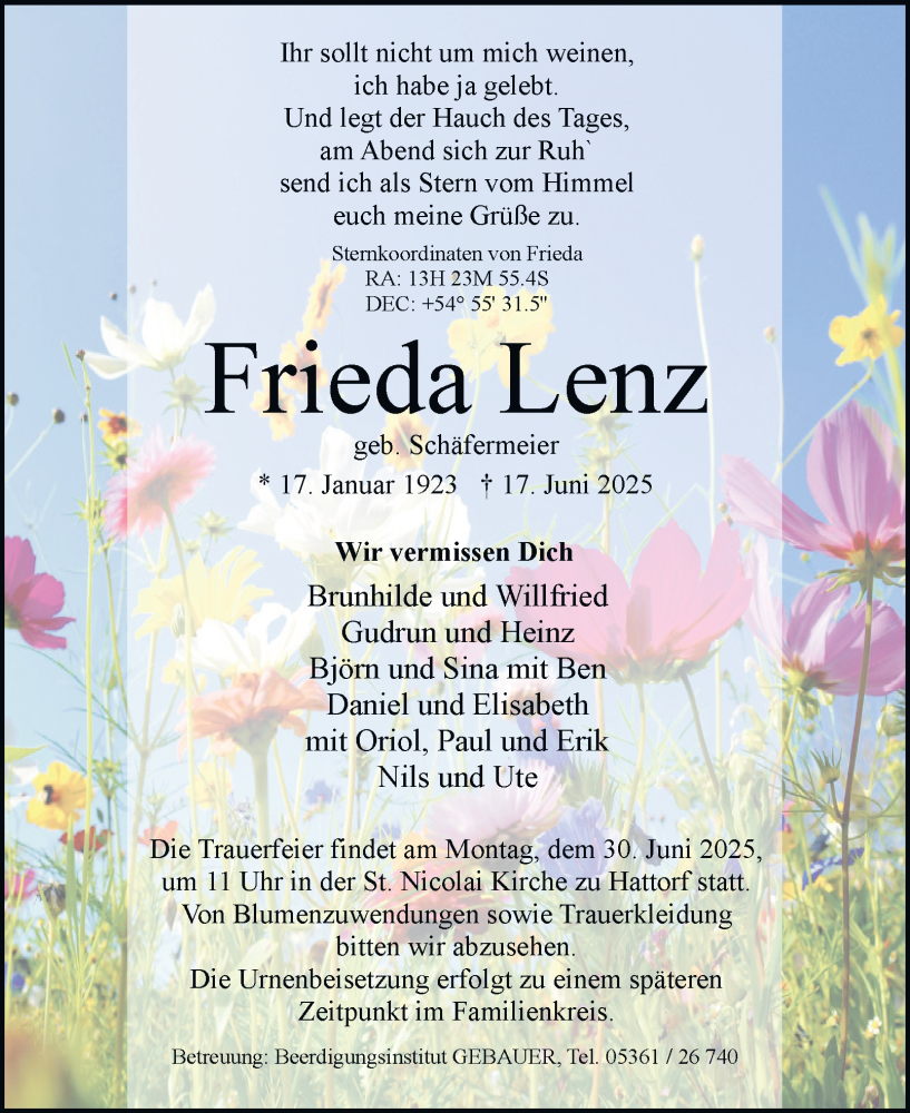  Traueranzeige für Frieda Lenz vom 21.06.2025 aus Braunschweiger Zeitung, Wolfsburger Nachrichten