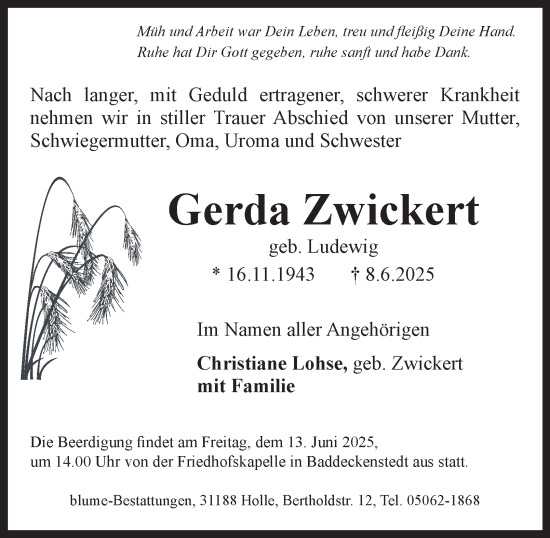 Traueranzeige von Gerda Zwickert von Salzgitter-Zeitung