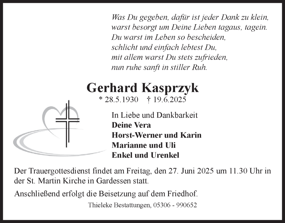  Traueranzeige für Gerhard Kasprzyk vom 24.06.2025 aus Braunschweiger Zeitung
