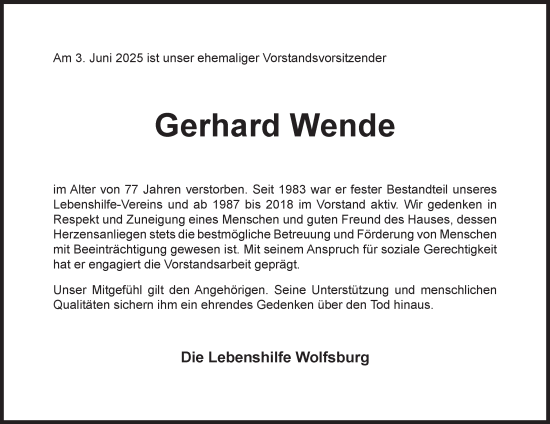 Traueranzeige von Gerhard Wende 